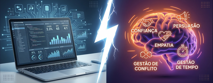 Uma imagem dividida ao meio por um raio central. Do lado esquerdo, sobre um fundo azul escuro, um notebook exibe um dashboard técnico de Customer Success com gráficos e métricas como Churn e NPS. Do lado direito, sobre um fundo roxo e laranja vibrante, um cérebro humano brilha, cercado por ícones e textos flutuantes representando sentimentos e habilidades humanas: Confiança, Empatia, Persuasão, Gestão de Conflito e Gestão de Tempo.