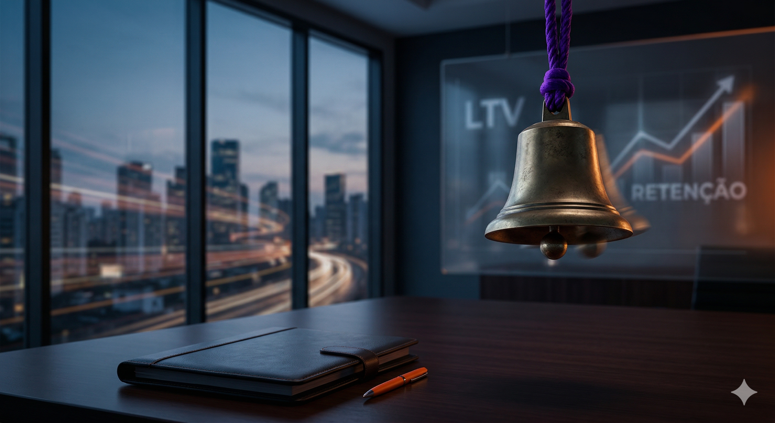 Um sino de bronze antigo batendo em uma sala de reuniões executiva, simbolizando rituais de vendas. Ao fundo, uma tela transparente exibe gráficos desfocados com as palavras 'LTV' e 'RETENÇÃO', com uma vista da cidade ao anoitecer. Imagem com as cores estratégicas da Consultoria de Sucesso (Roxo e Laranja).